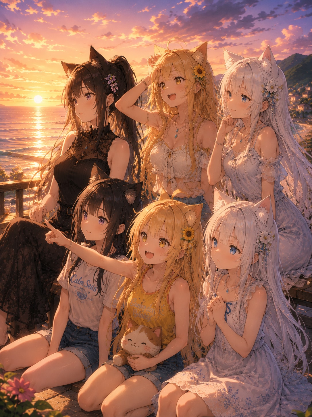 海辺の夏、6人で | の人気AIイラスト・グラビア