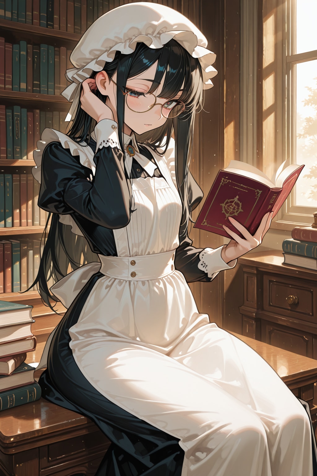 図書館で読書中のメイドさん。※プロンプトの仕様確認用