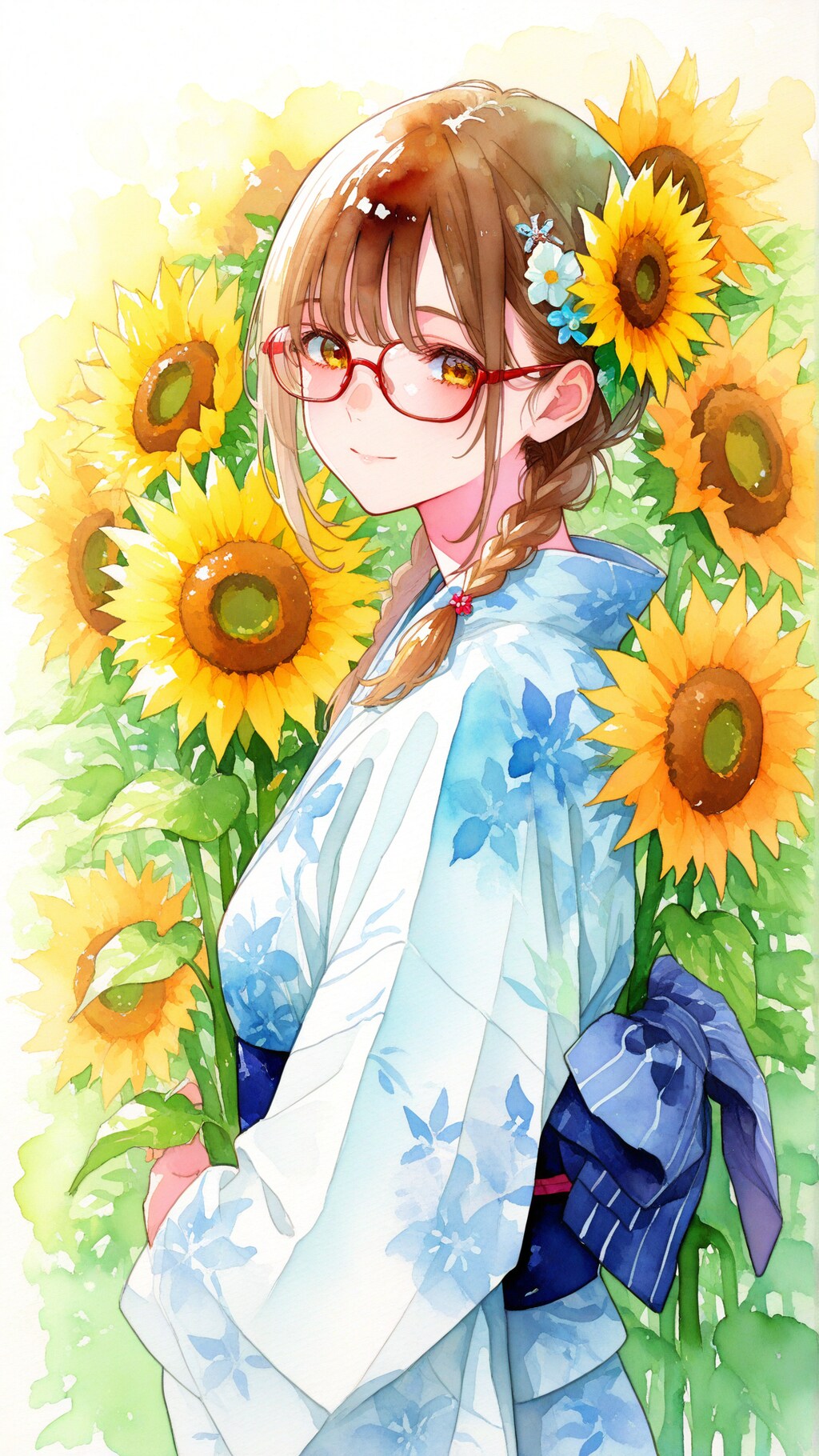 ひまわりと浴衣の少女