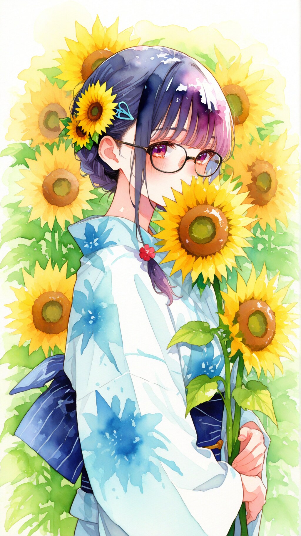 ひまわりと浴衣の少女