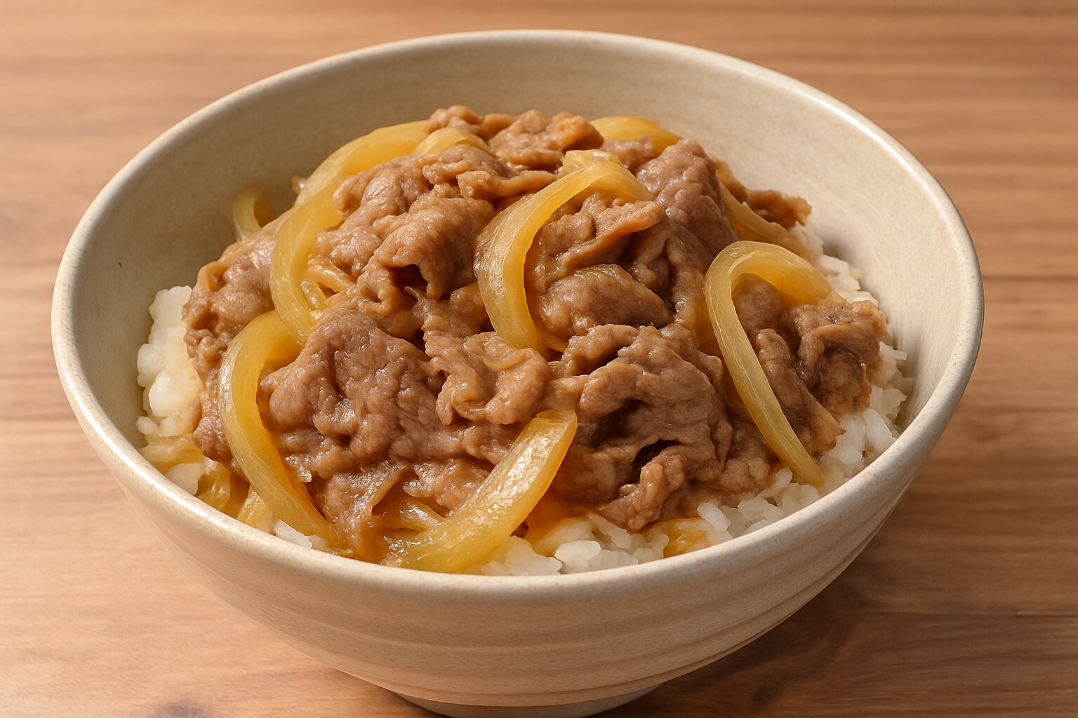 牛肉と玉ねぎを煮たものを丼に乗せた料理 | の人気AIイラスト・グラビア