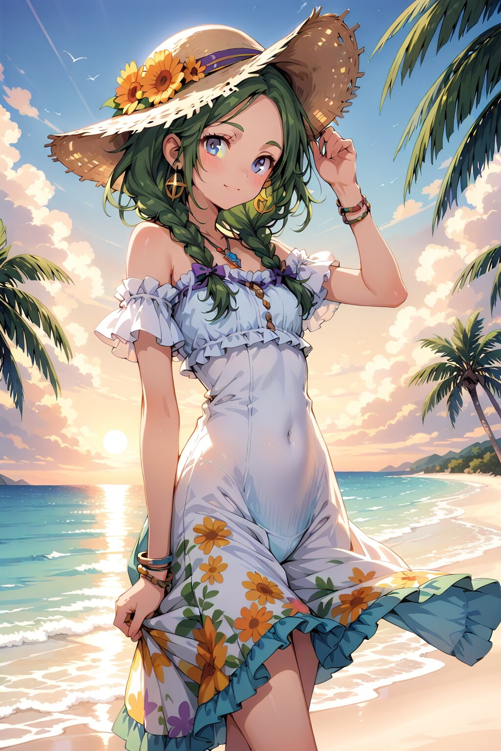 #LARIMAR 夕方の海岸を背に立つ美少女 | の人気AIイラスト・グラビア
