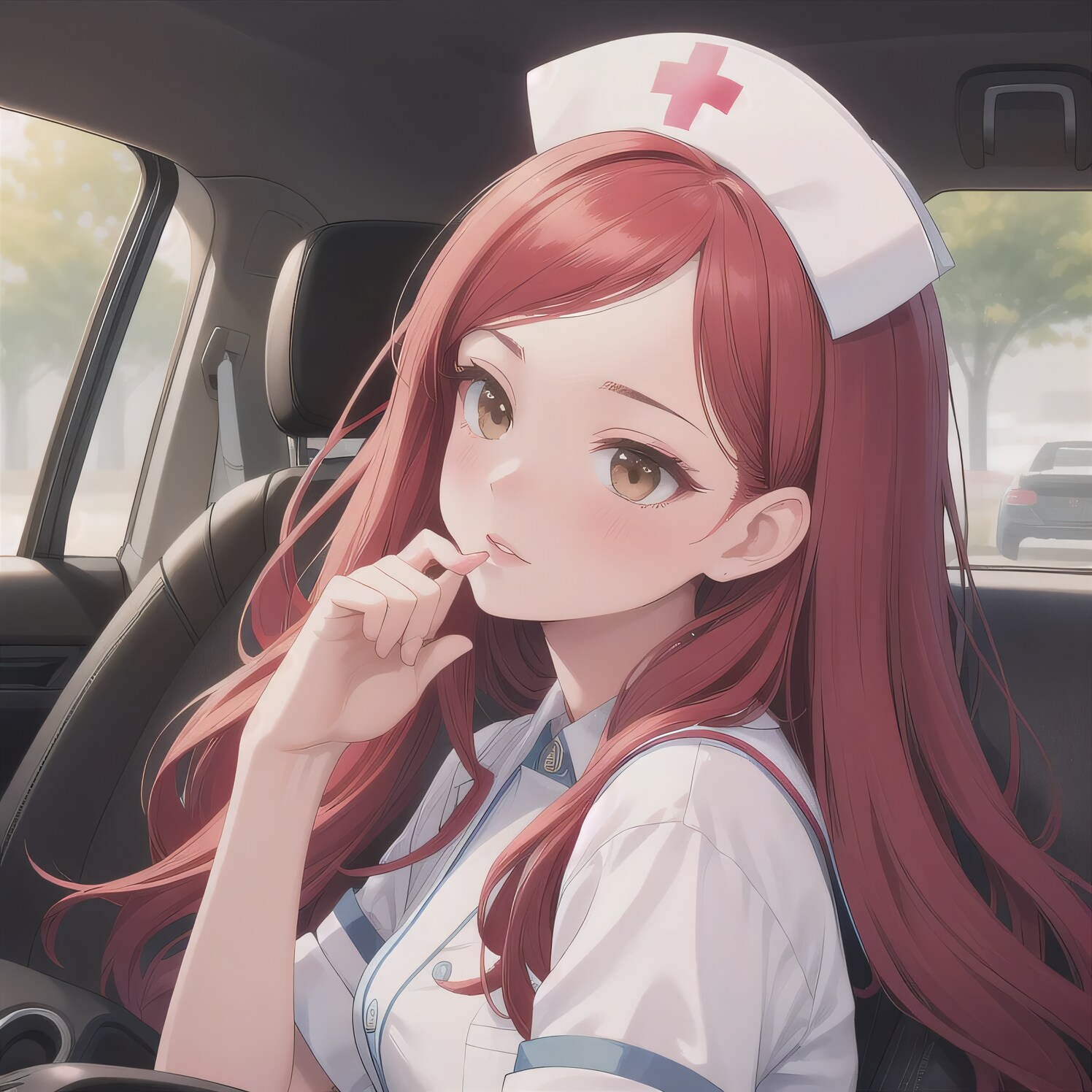 赤髪ロングで車内の少女 | の人気AIイラスト・グラビア