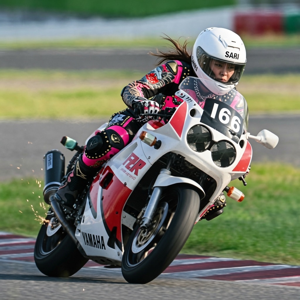 FZRに乗ってサーキット走行会に参加するハマポリ、山葉紗里