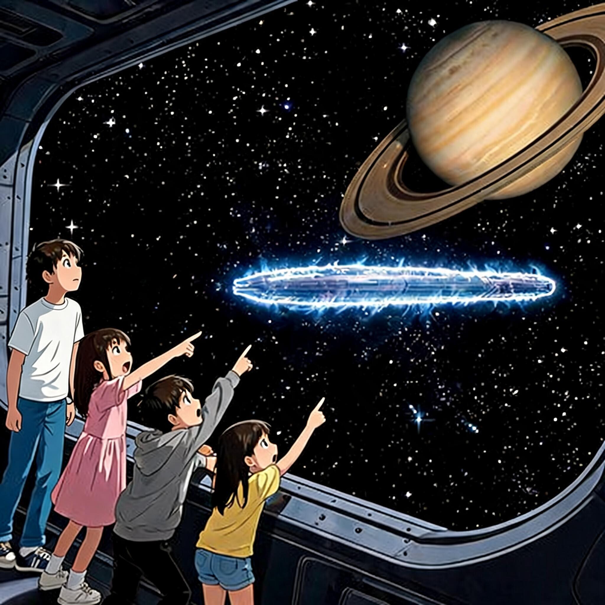 子供達で楽しい宇宙旅行  行き先は土星を周回する  子供達が美しい星々が輝く宇宙空間と土星を眺めていると 土星のリング付近に全長10キロほどのプラズマに包まれ光輝く巨大な飛行物体を目撃し子供達は皆驚く | の人気AIイラスト・グラビア