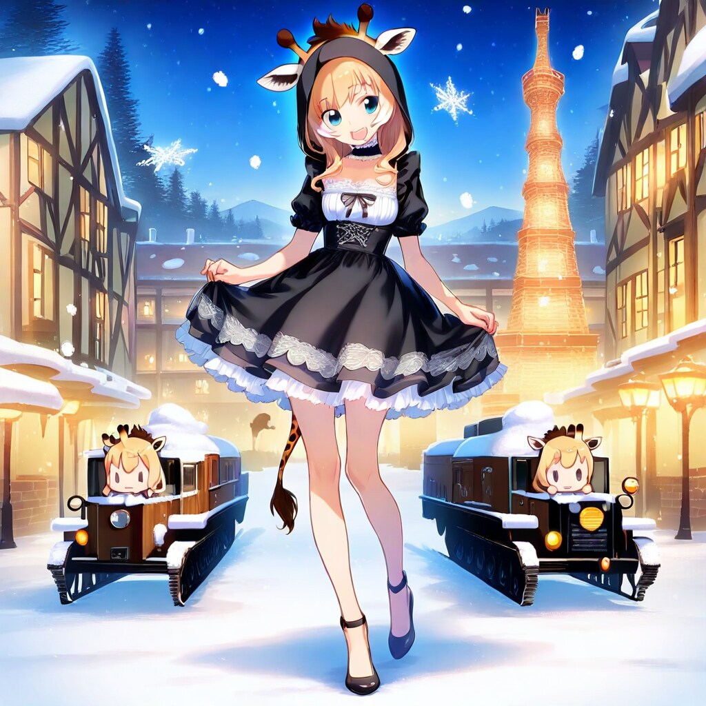 雪の夜の街並みとアニマルフーディーちび子ちゃん