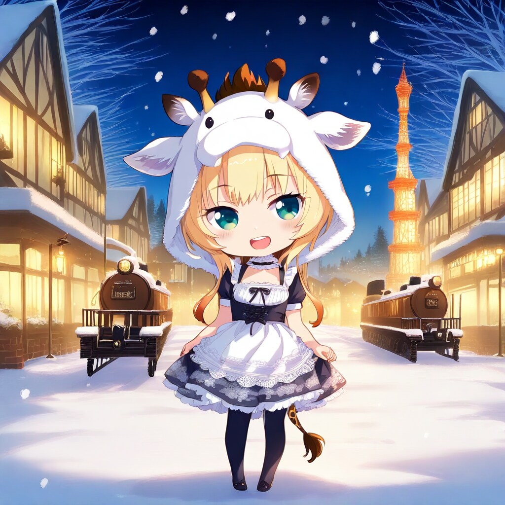 雪の夜の街並みとアニマルフーディーちび子ちゃん