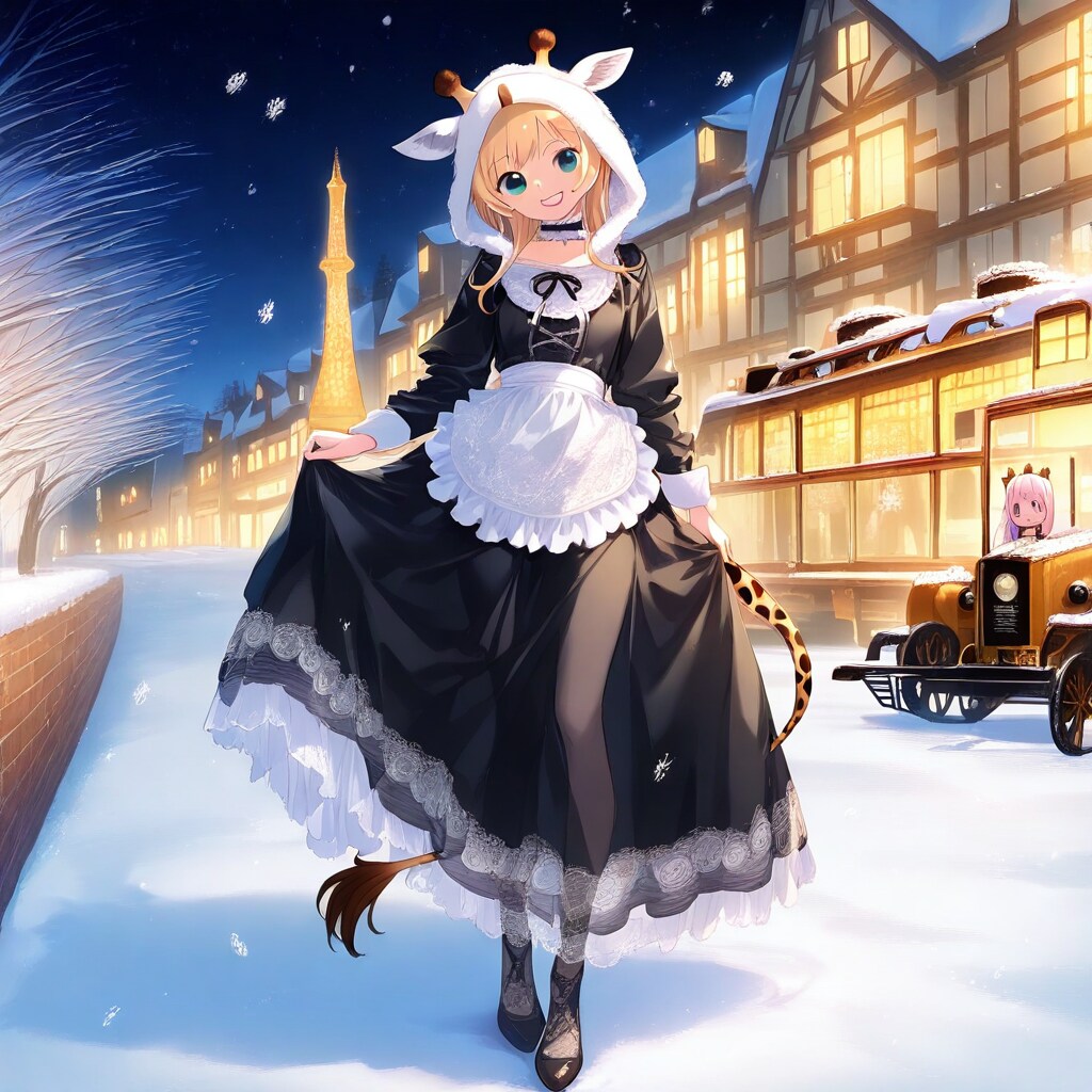 雪の夜の街並みとアニマルフーディーちび子ちゃん