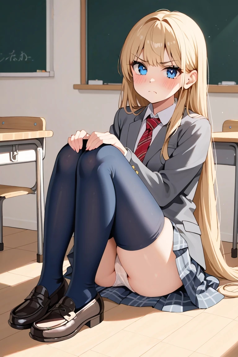 教室の床でパンツ見せ黒ニーハイJK