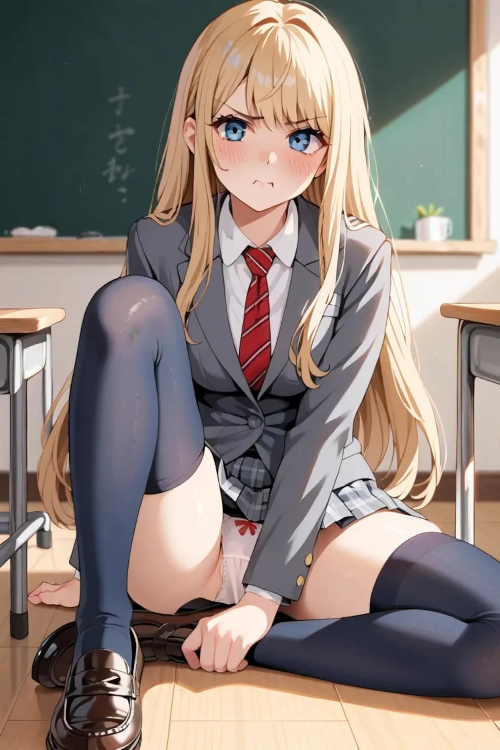 教室の床でパンツ見せ黒ニーハイJK