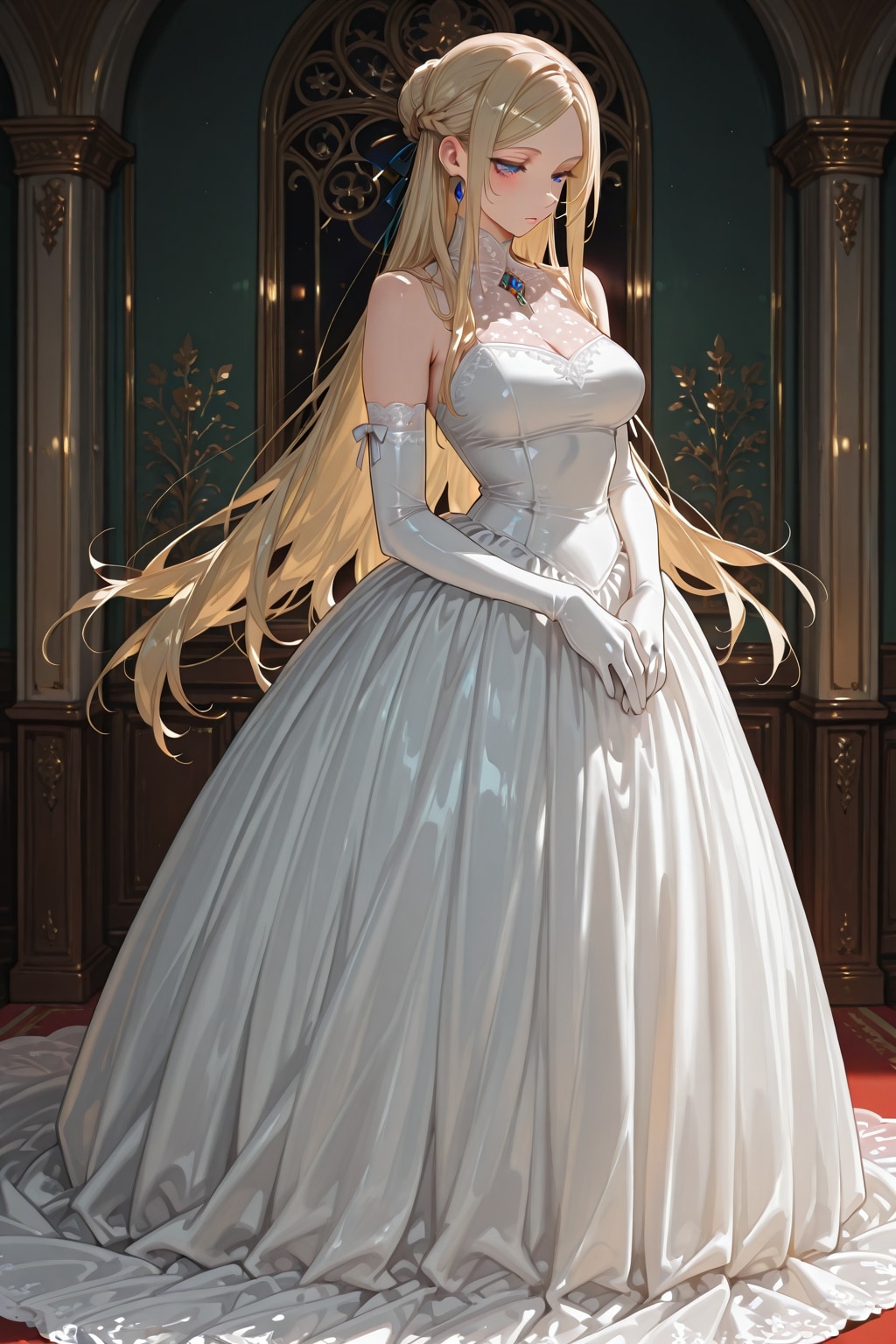 エルボーグローブを着けた、ロングドレスの淑女