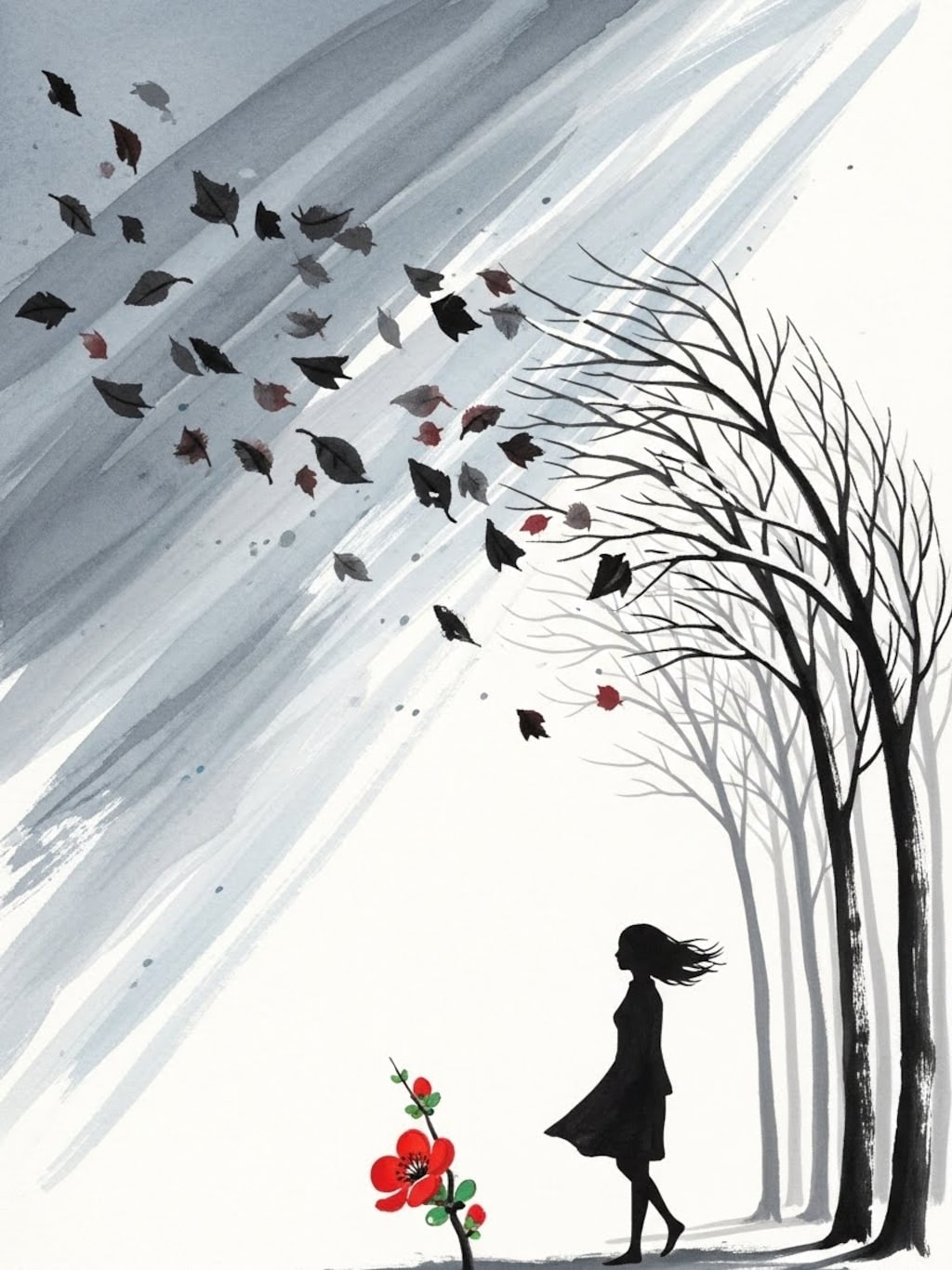 寒風と少女と木瓜の花