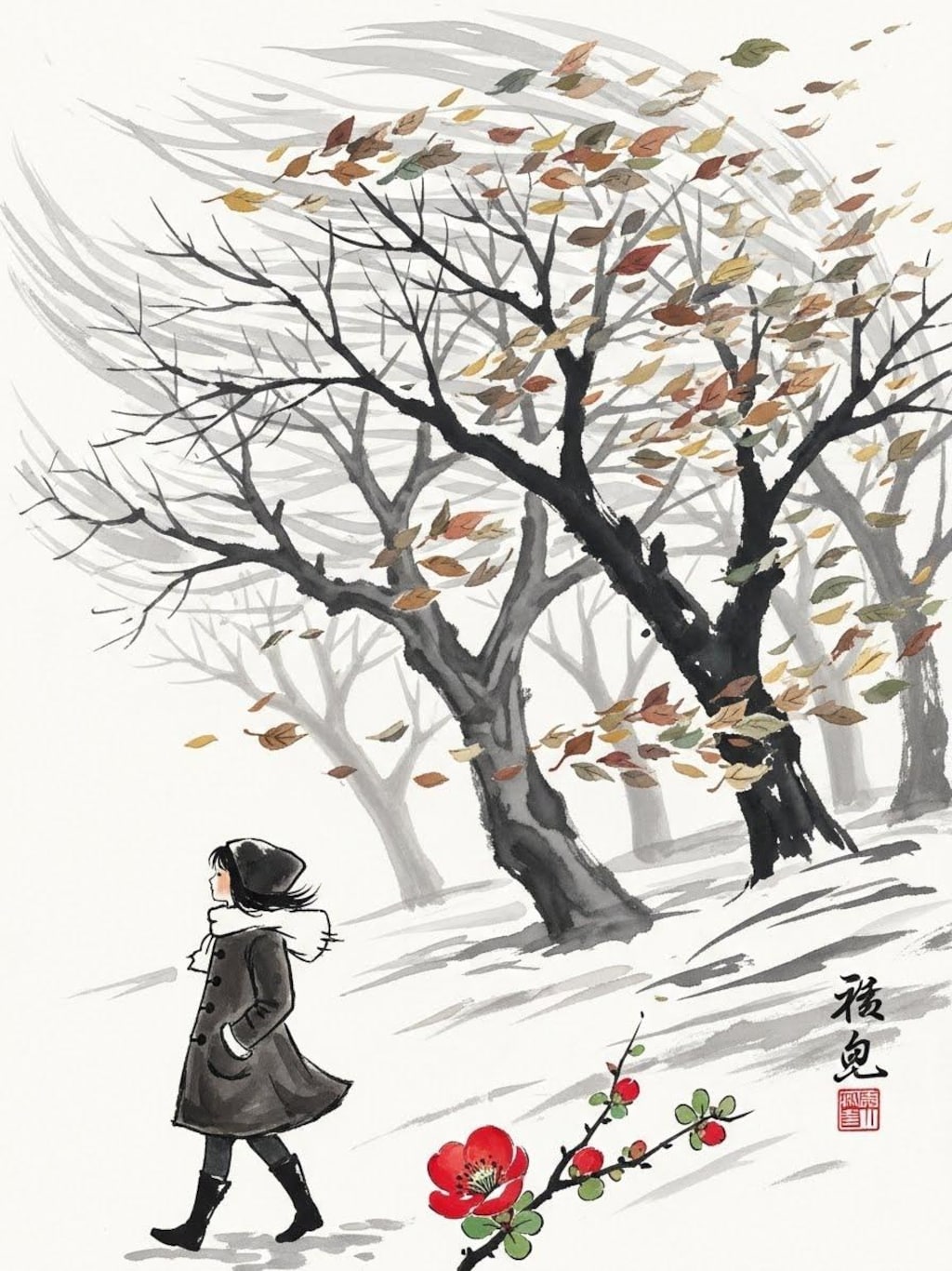 寒風と少女と木瓜の花