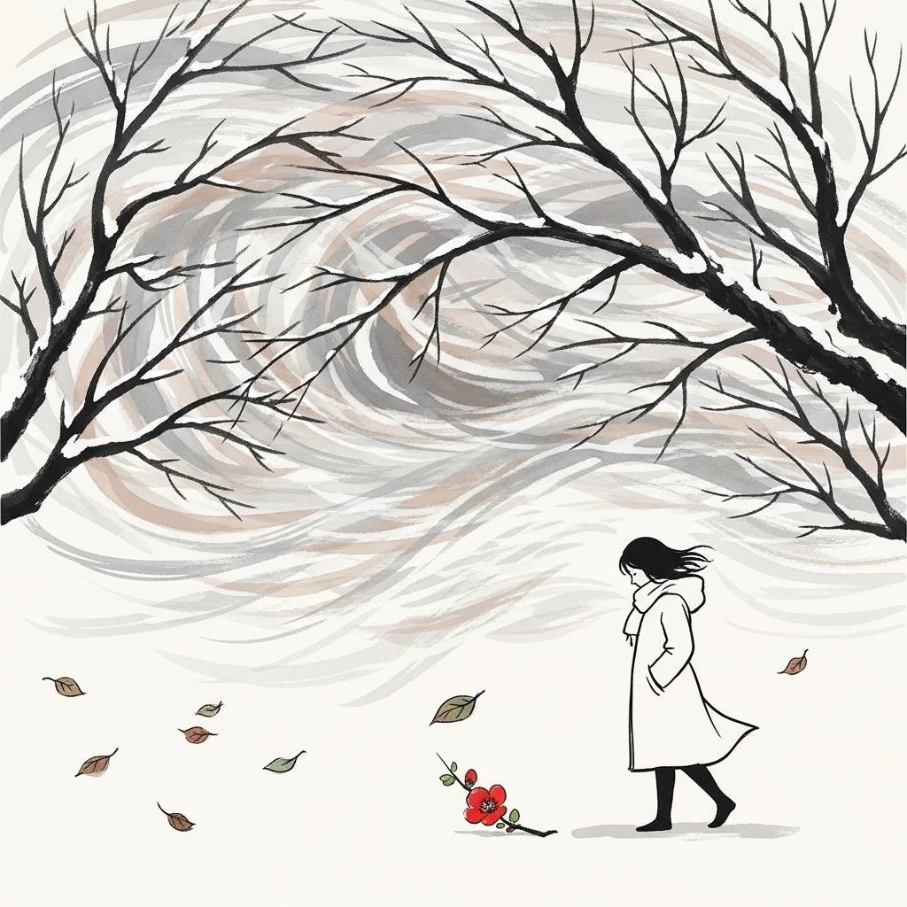 寒風と少女と木瓜の花