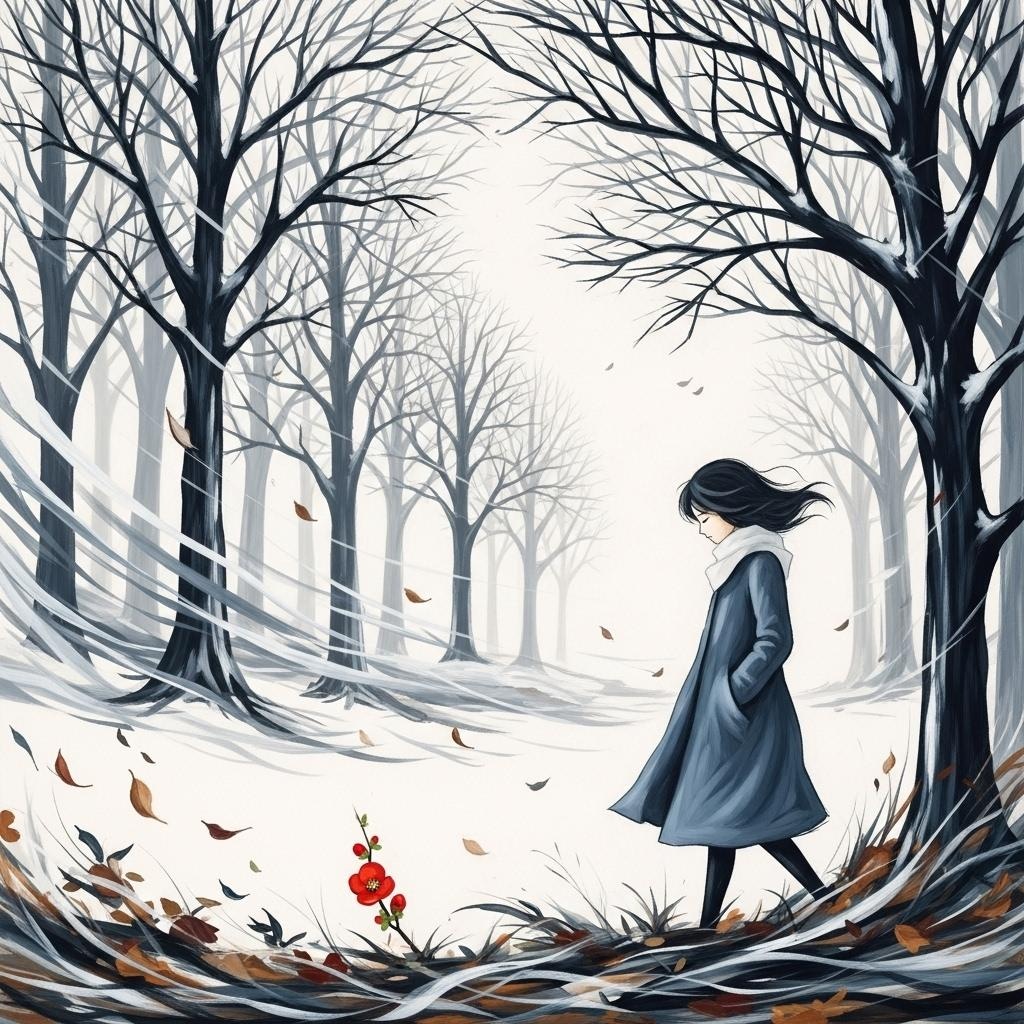 寒風と少女と木瓜の花