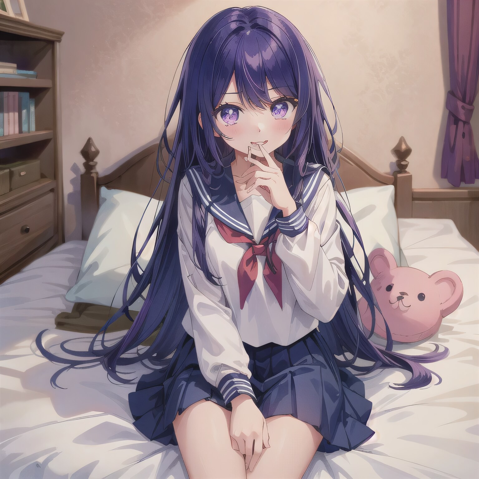 紫髪ロングで寝室の少女２ | の人気AIイラスト・グラビア