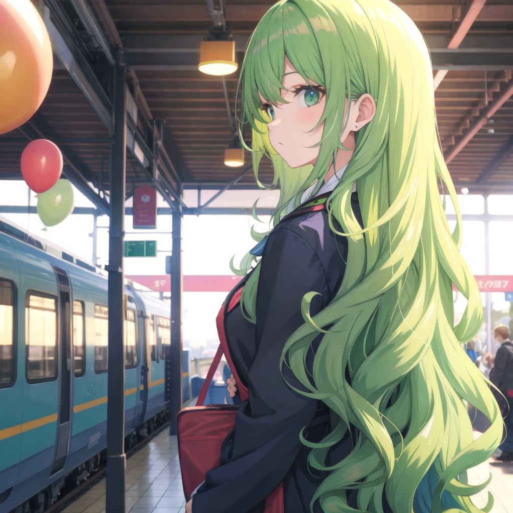 いっぱい色とりどりの風船を持つ緑髪ウェーブロングヘアの電車の駅員の美女