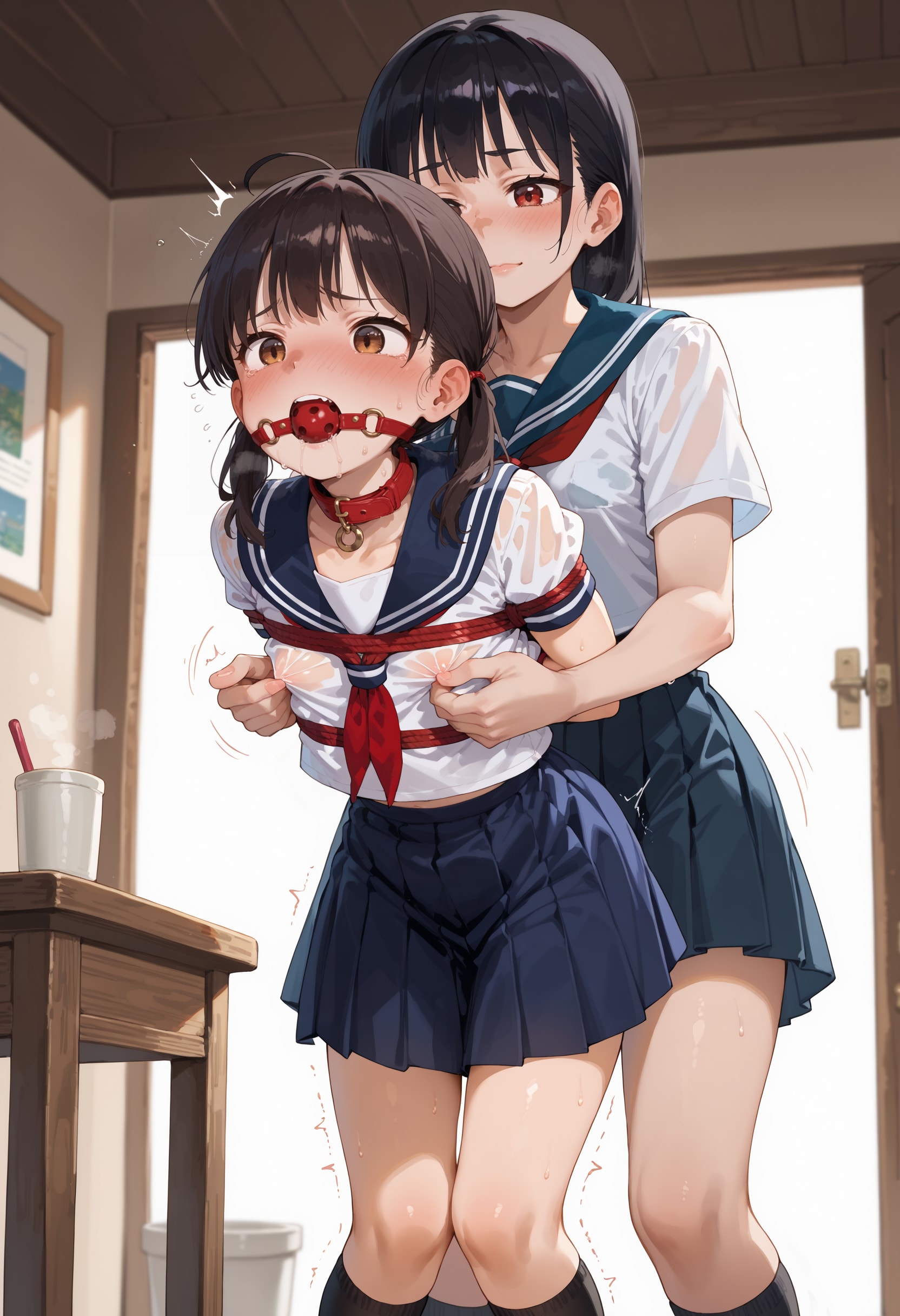 縛られてセーラー服の上から乳首を弄られる3