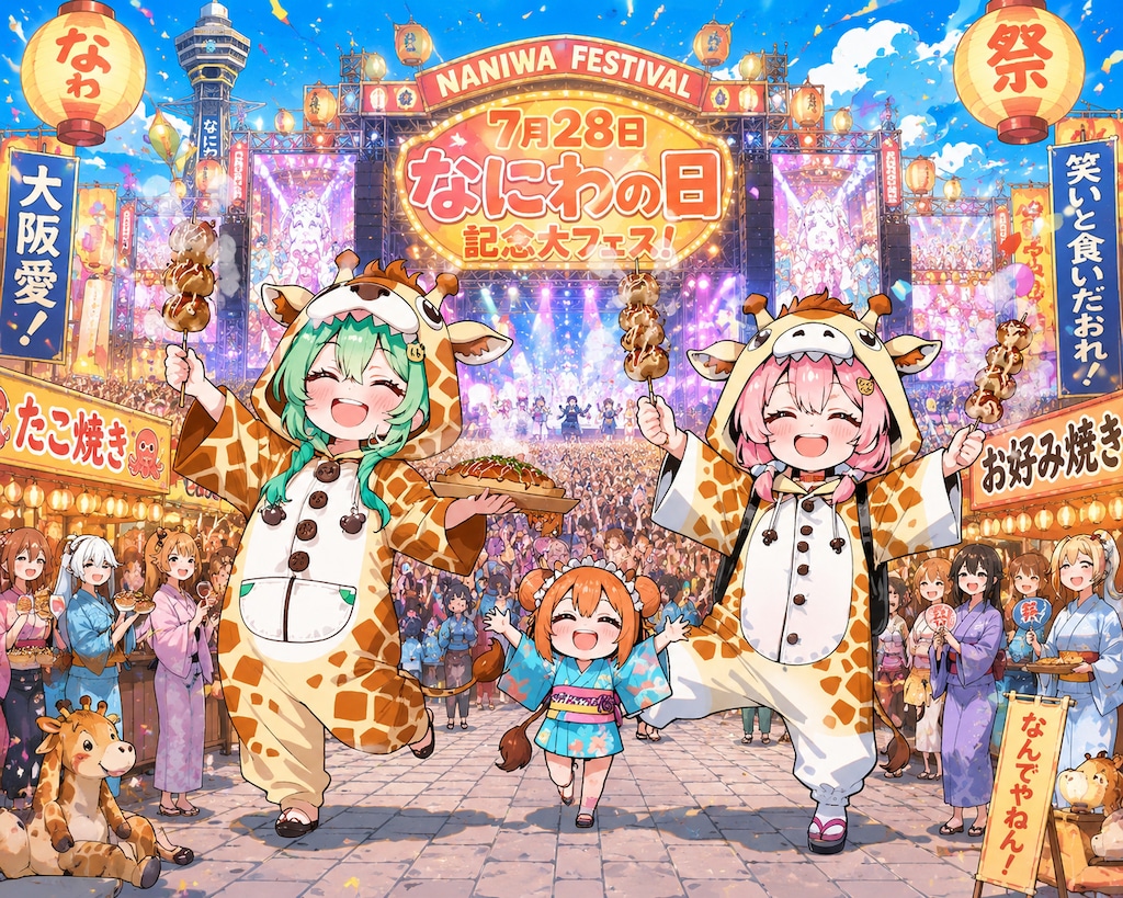 うまいもんの屋台を楽しむキリン着ぐるみちび子ちゃん