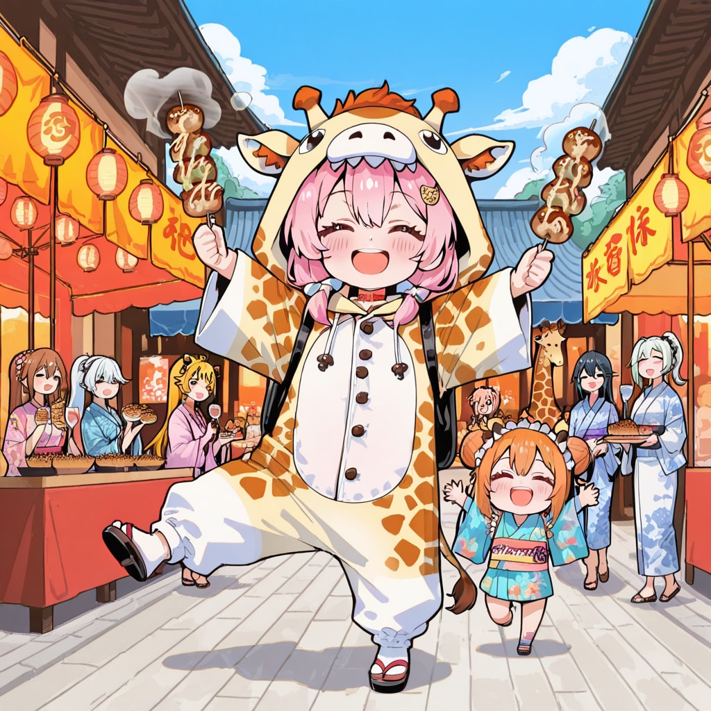 うまいもんの屋台を楽しむキリン着ぐるみちび子ちゃん