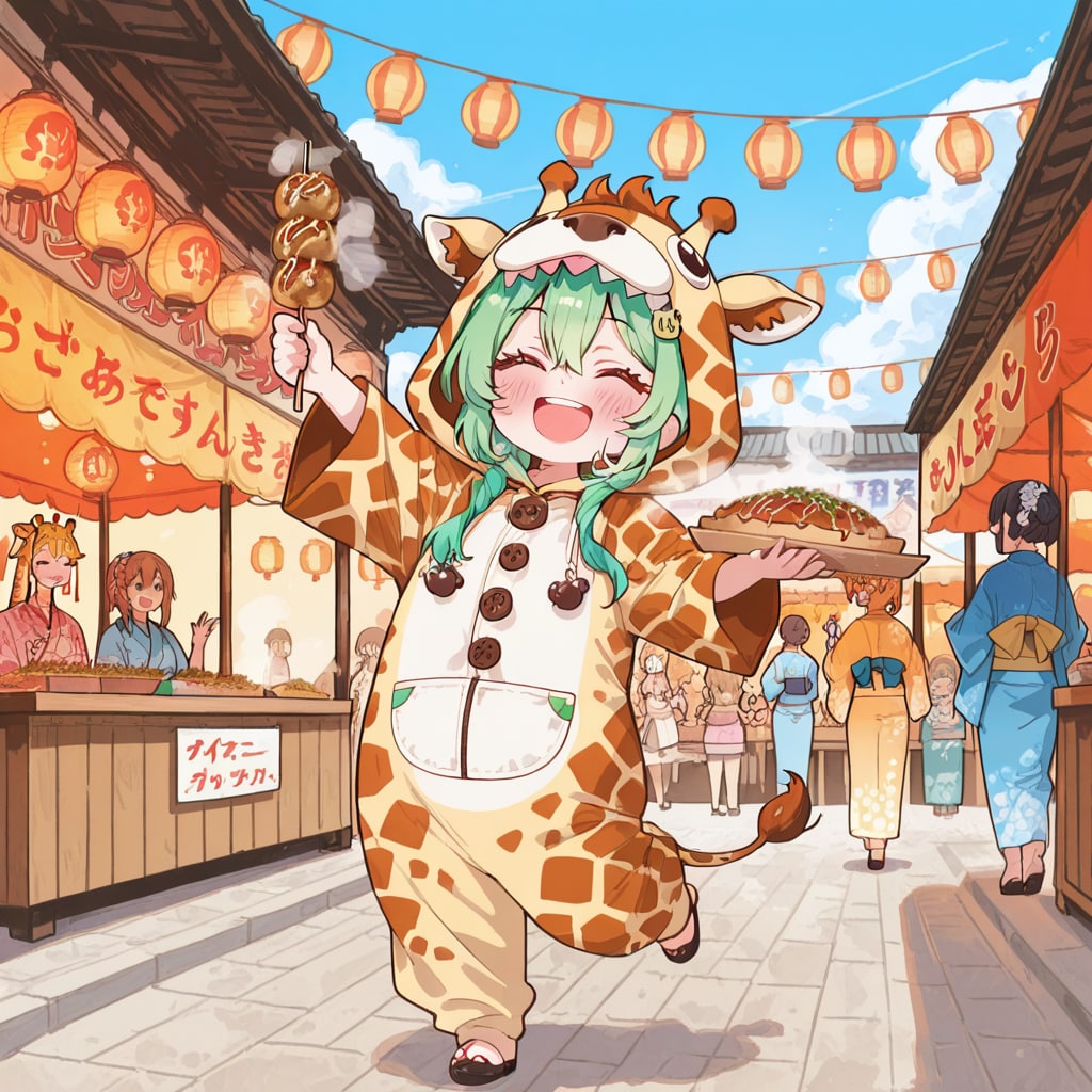 うまいもんの屋台を楽しむキリン着ぐるみちび子ちゃん