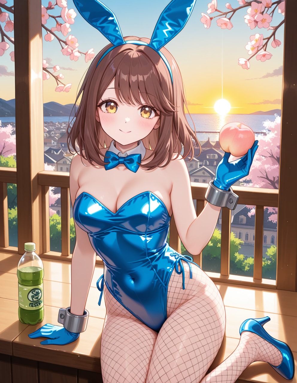 バニーガール衣装の心実さんと桃の花(PixAI版)