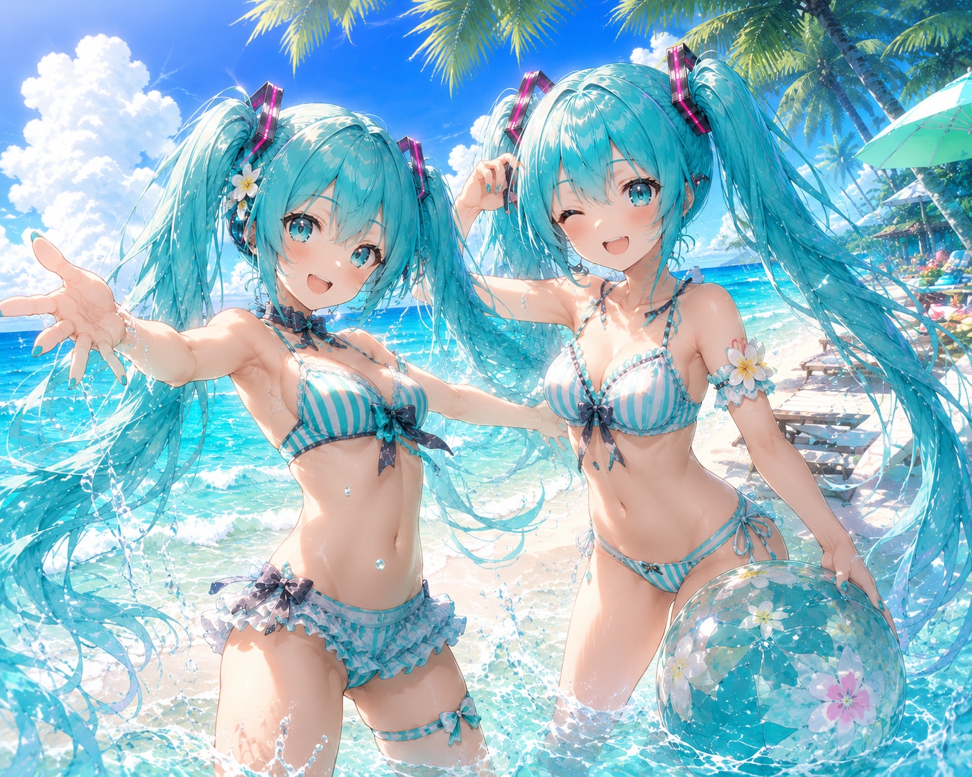 海で水遊びする双子のミク