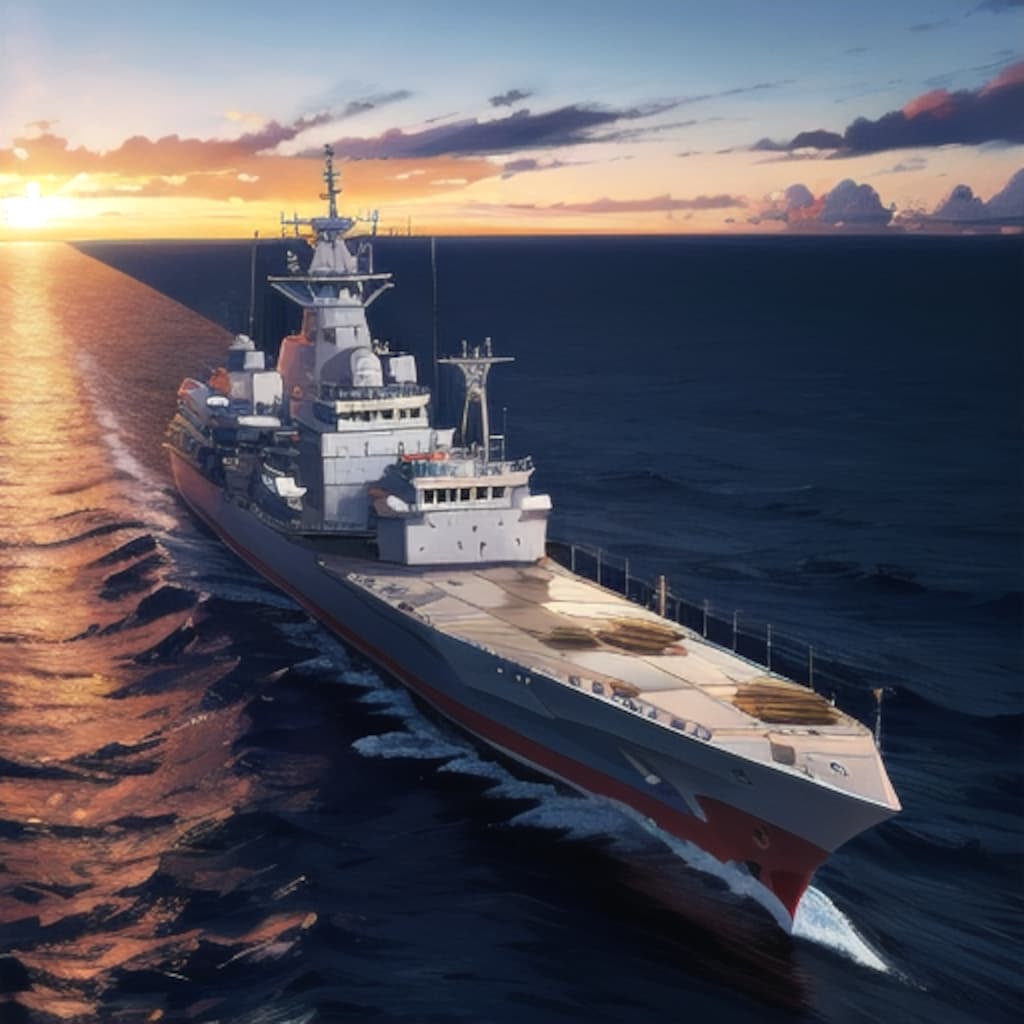 軍艦と夕日