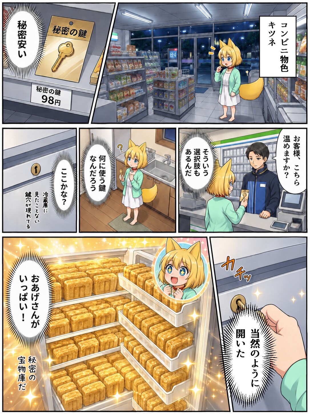 深夜のコンビニに出現するマジックアイテムを手に入れたキツネ