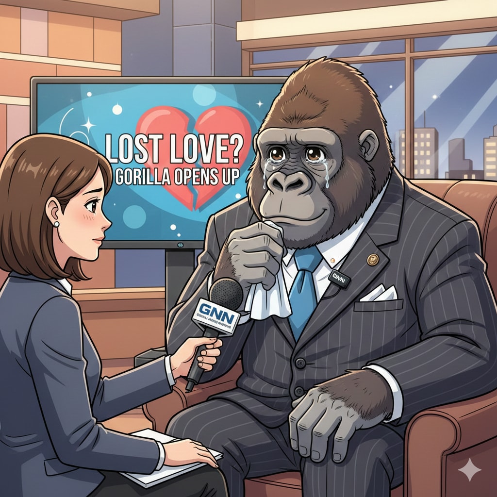 テレビインタビューを受けるスーツを着たセンチメンタルゴリラ | の人気AIイラスト・グラビア