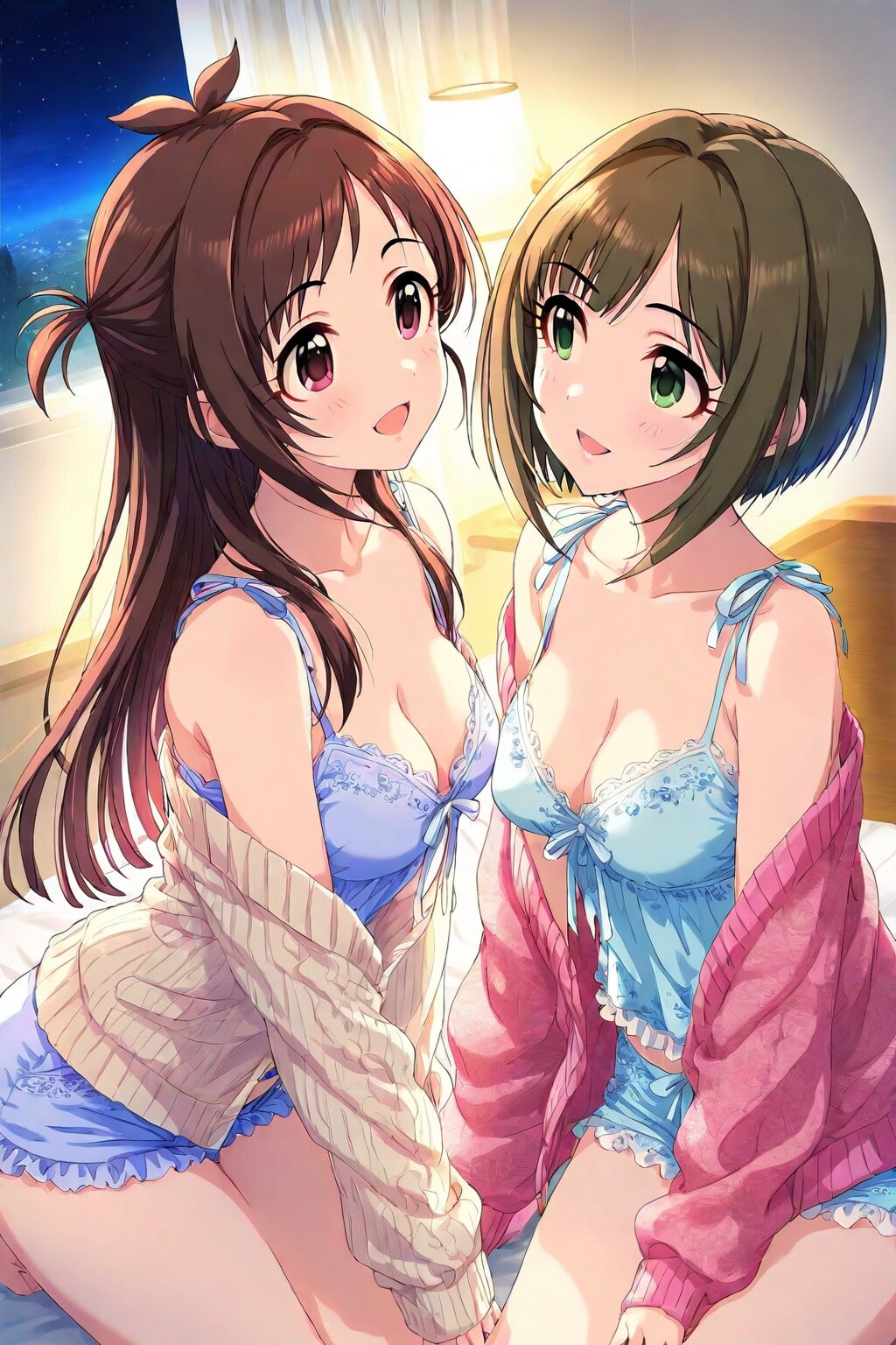 夜のリビングルームでコットンニットを羽織ったキャミソールみくにゃんご (WAVE)