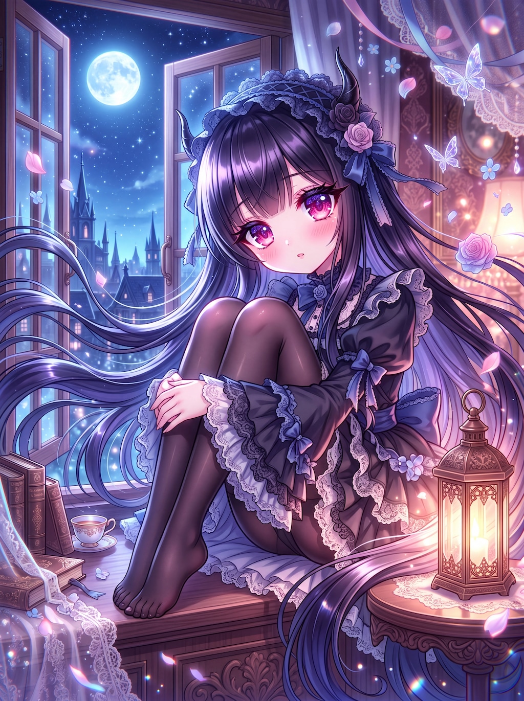 月影の窓辺に座す黒夢