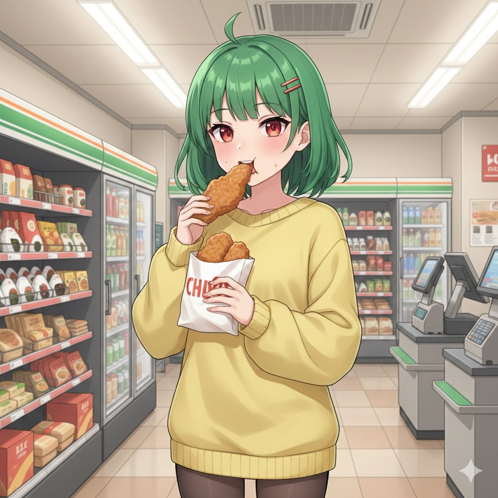 コンビニチキンをもぐもぐ