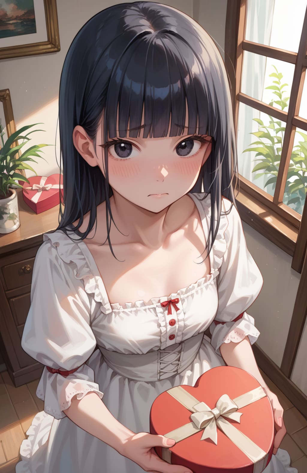 チョコを渡す時に恥ずかしさが隠せない少女