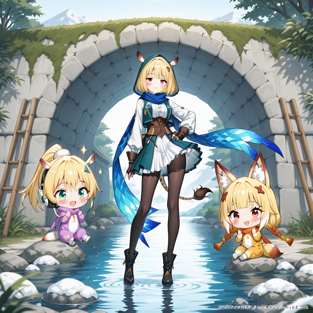 沢沿いの岩場とキリンちび子ちゃん