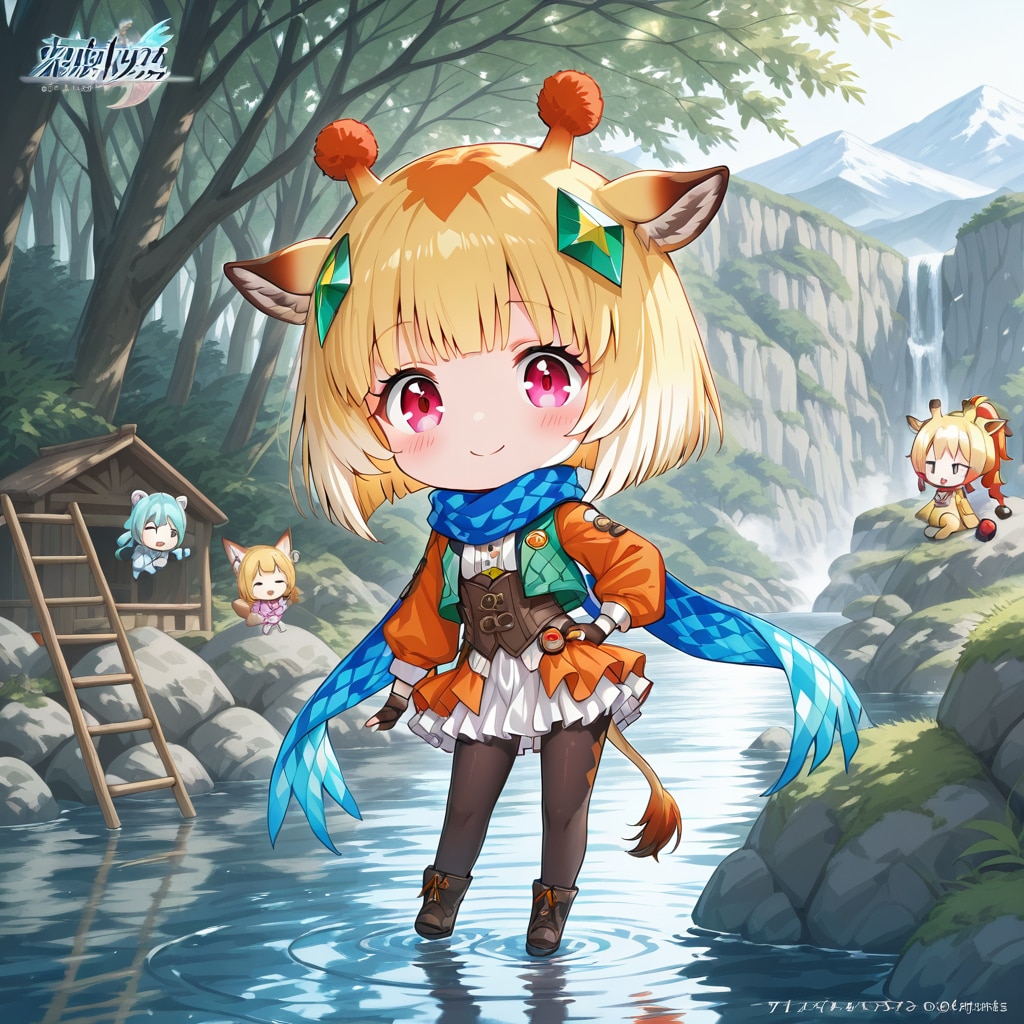 沢沿いの岩場とキリンちび子ちゃん