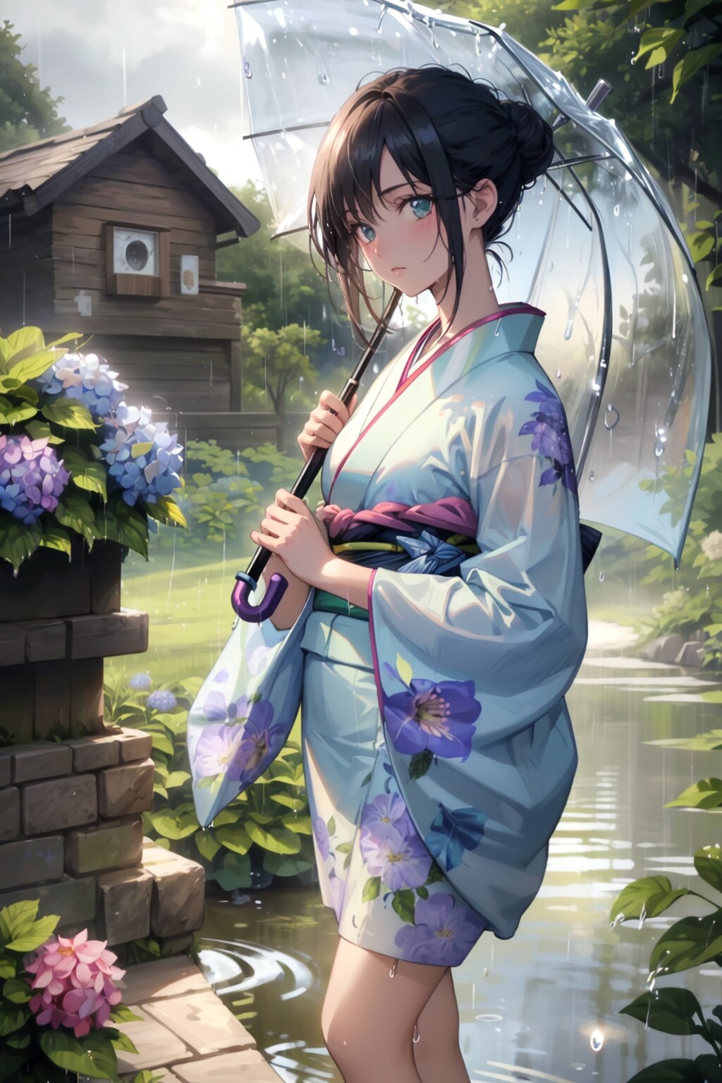 アジサイが美しく咲く雨の日の庭で