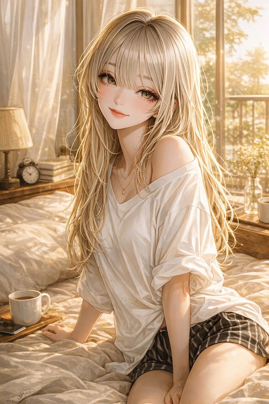 彼の部屋。日曜の朝。白シャツ借りちゃった。