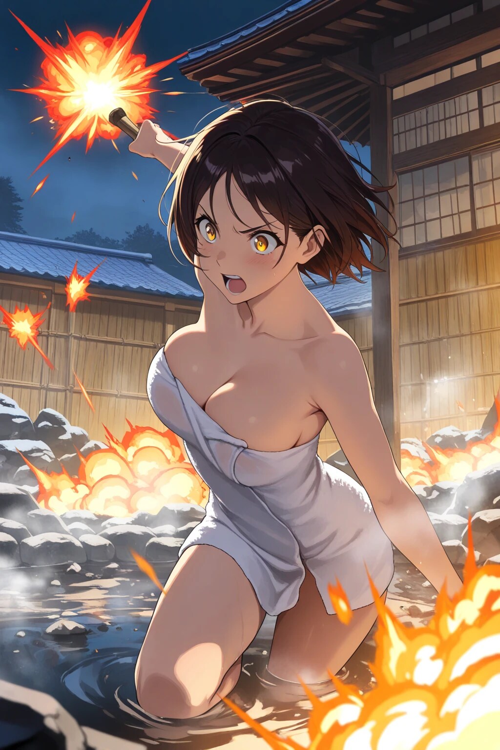温泉で爆発魔法