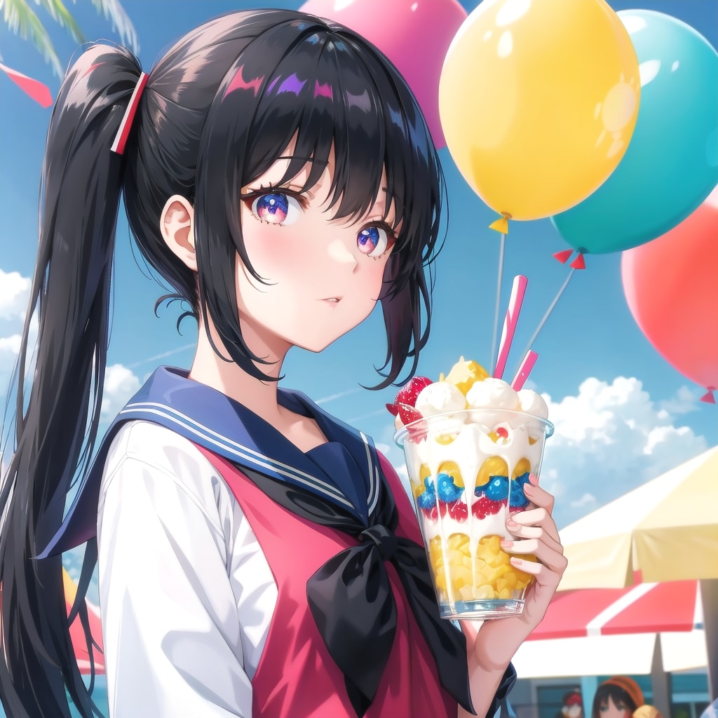 オシャレなカフェで色とりどりの風船を持つ黒髪ツインテールの女子高生はパフェを食べている | の人気AIイラスト・グラビア