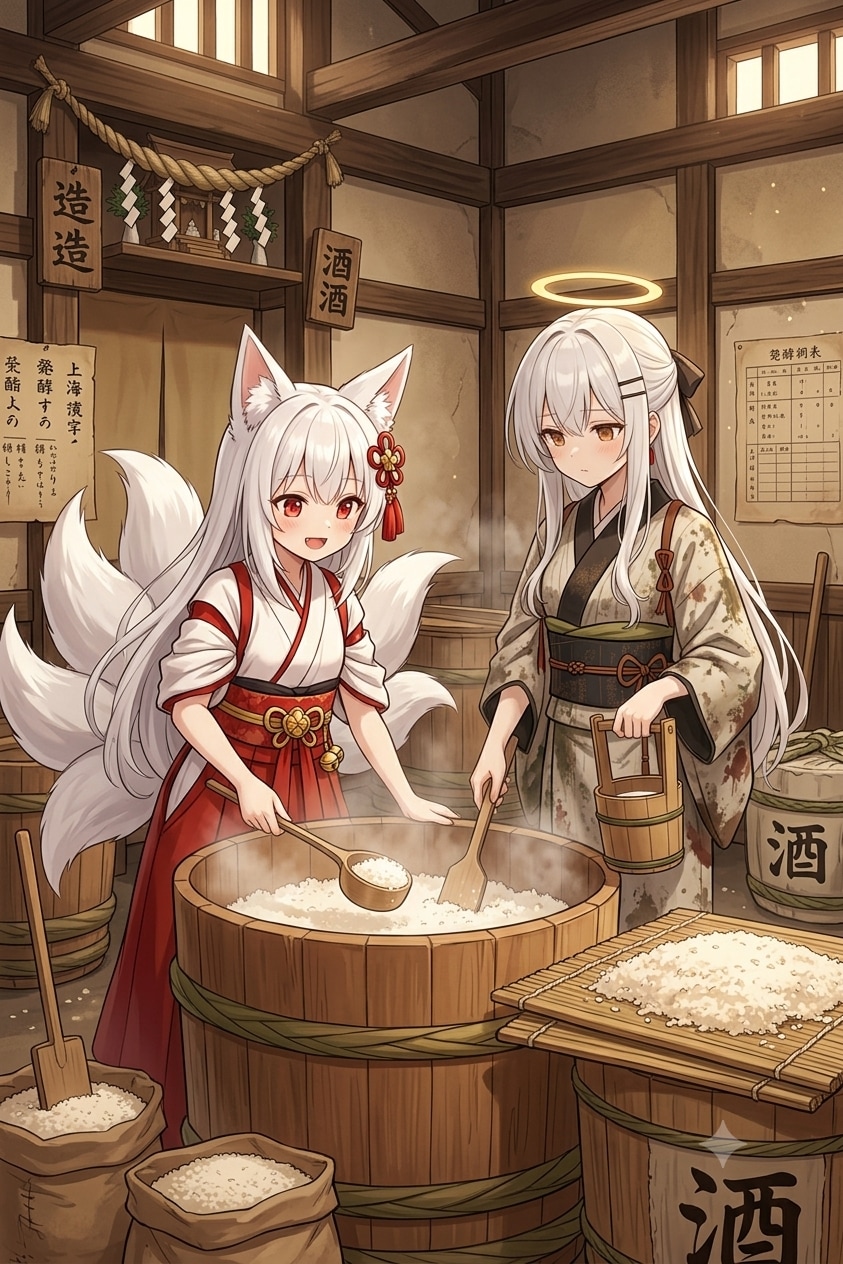 お酒の仕込み作業をする御神体様と貧乏神