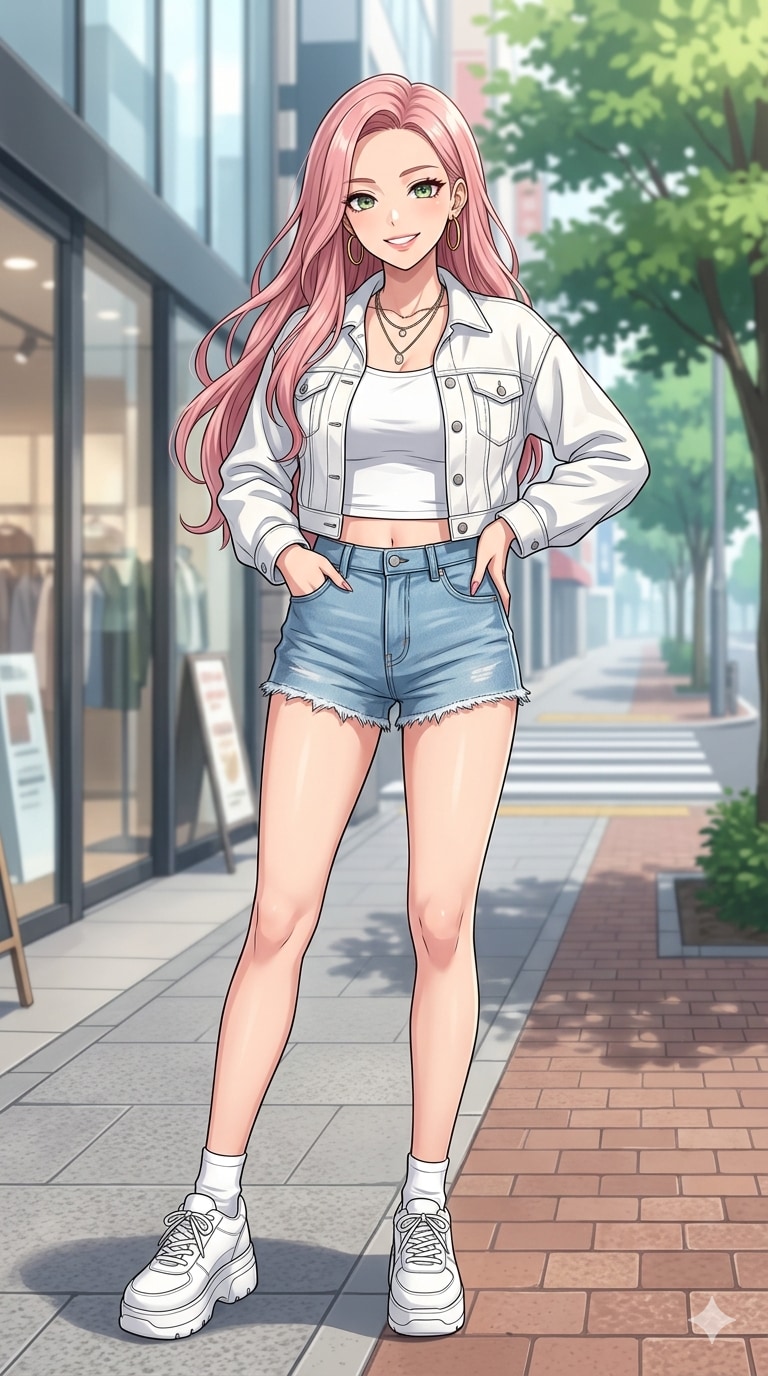 都会の夏、ピンク髪のストリートモデル