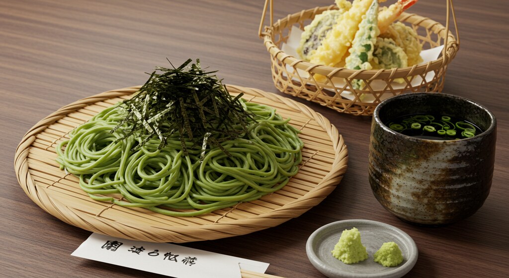 摩訶不思議食堂の茶蕎麦と天麩羅のセット