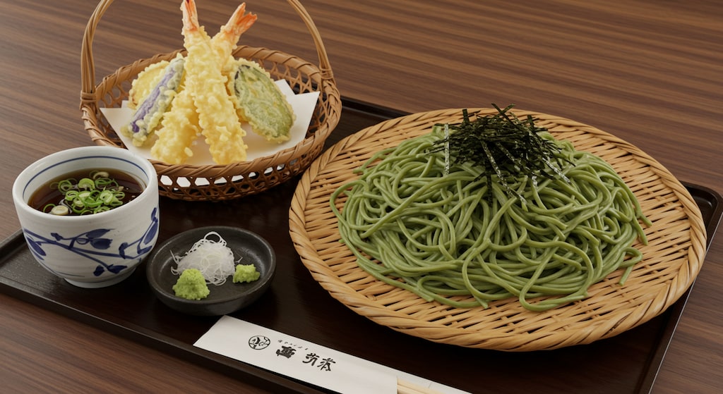 摩訶不思議食堂の茶蕎麦と天麩羅のセット