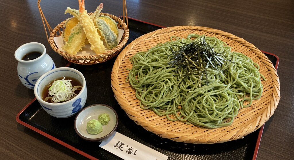 摩訶不思議食堂の茶蕎麦と天麩羅のセット