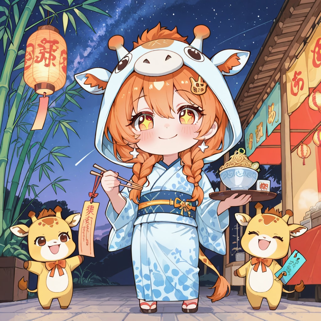 七夕に浴衣でそうめんを楽しむキリン着ぐるみちび子ちゃん