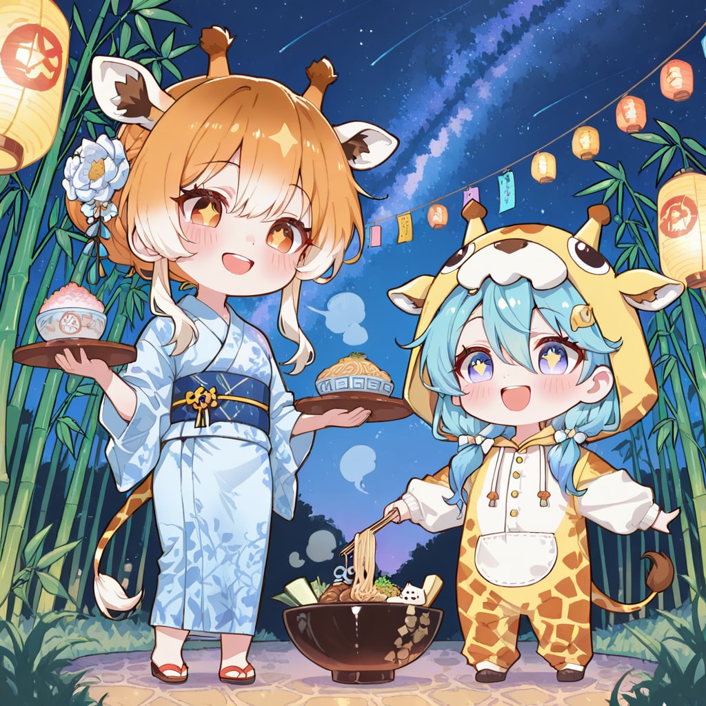 七夕に浴衣でそうめんを楽しむキリン着ぐるみちび子ちゃん