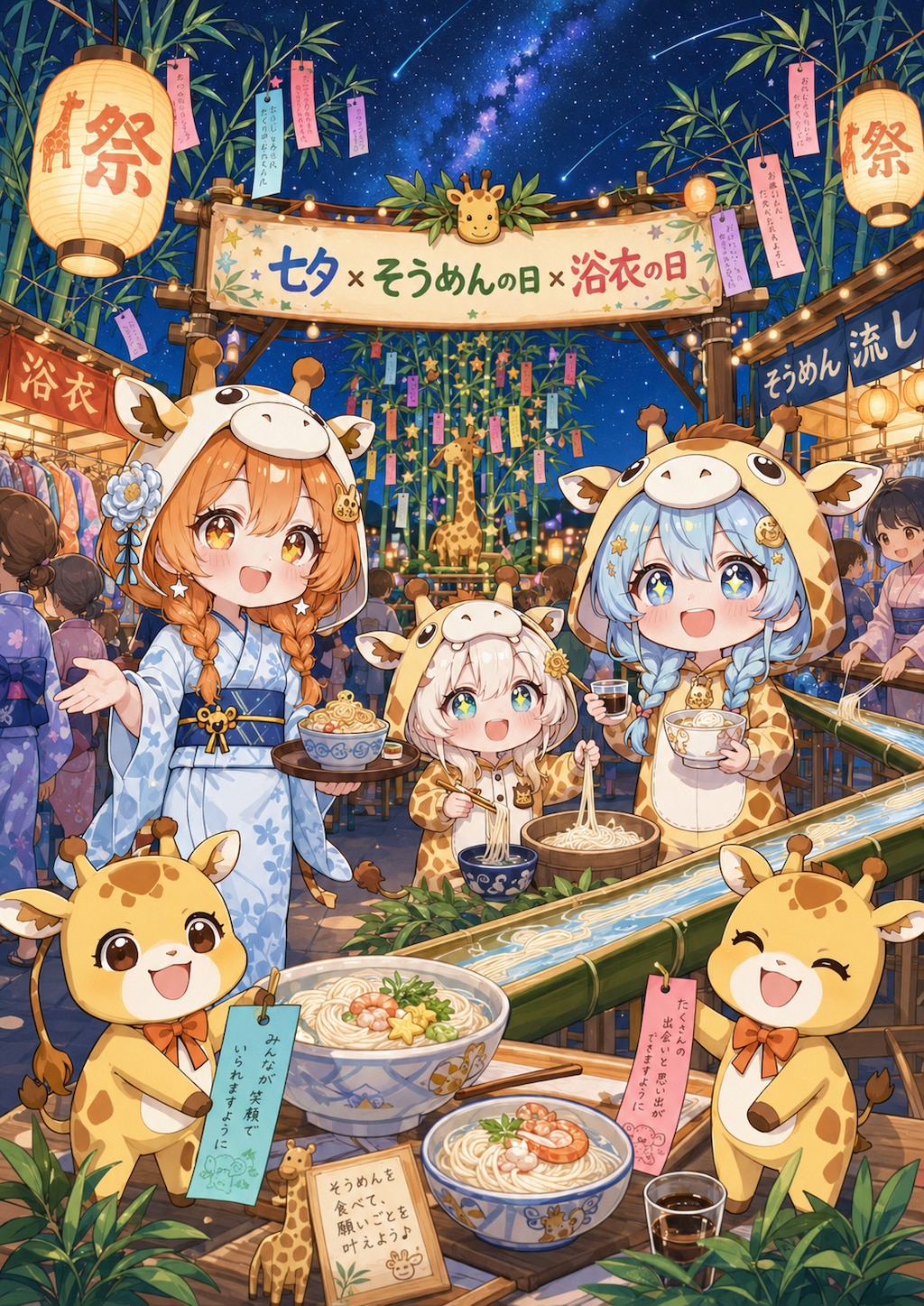 七夕に浴衣でそうめんを楽しむキリン着ぐるみちび子ちゃん