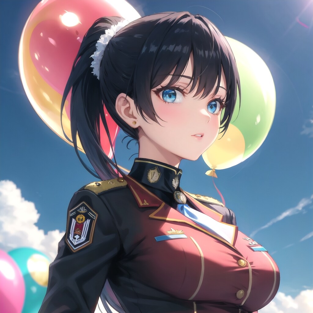 カラフルな風船を持つ黒髪ポニーテールの海兵服の美女。