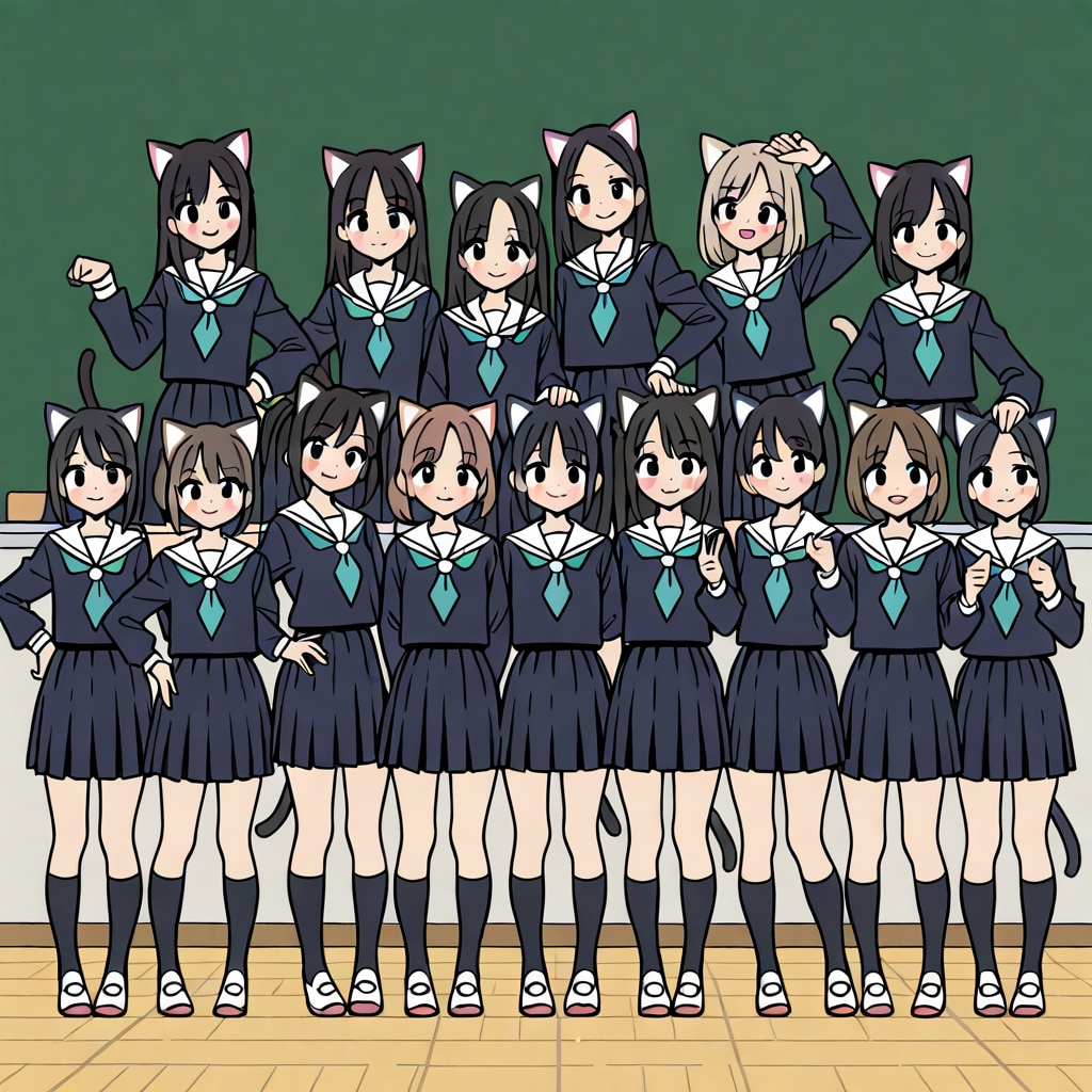 猫耳女学生集合写真 | の人気AIイラスト・グラビア